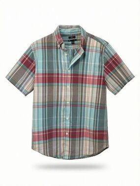 GAP Short-Sleeve Plaid Button-Down Shirt - Aqua, Burgundy & Gray